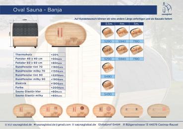 Fasssauna / Gartensauna / Banja / Oval 5,0 m mit Vorraum und Balkon